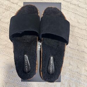 Vince Camuto Black Fuzzy Slide Sandals